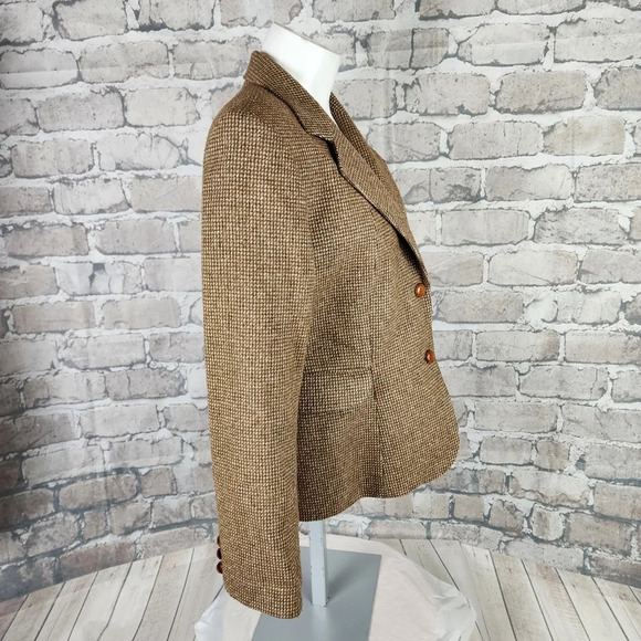 Vintage 70s Tweed Equestrian Preppy Academia Blazer Brown Cream Size 14 - Picture 9 of 16